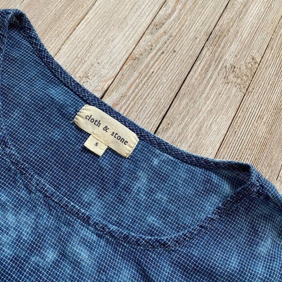 Cloth & Stone S Bleached Like Wash Tiny Micro Grid Print Tee Rounded Slit Sides - Picture 11 of 11